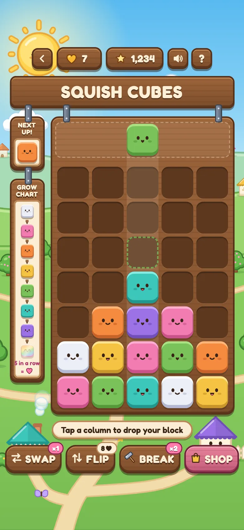 A game in progress: rows of colorful blocks on a wooden board, with the Next box and the Grow Chart beside it