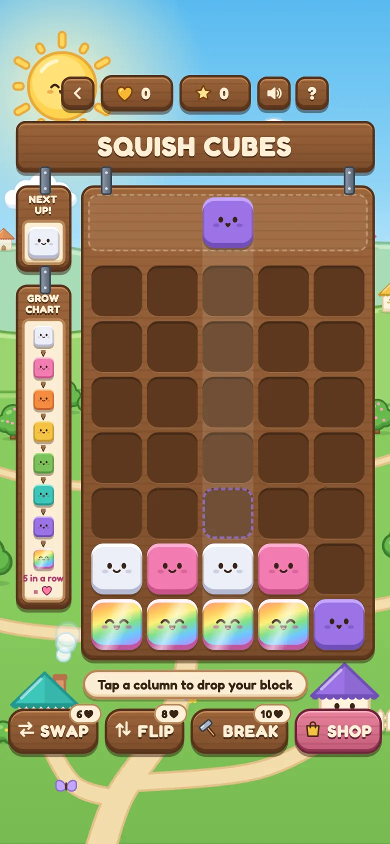 Four Rainbow blocks side by side along the bottom row, one short of a Rainbow line