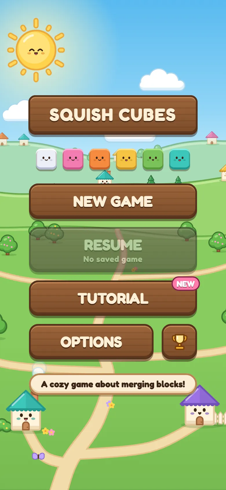 The Squish Cubes menu: a wooden sign and a row of smiling blocks over a sunny village