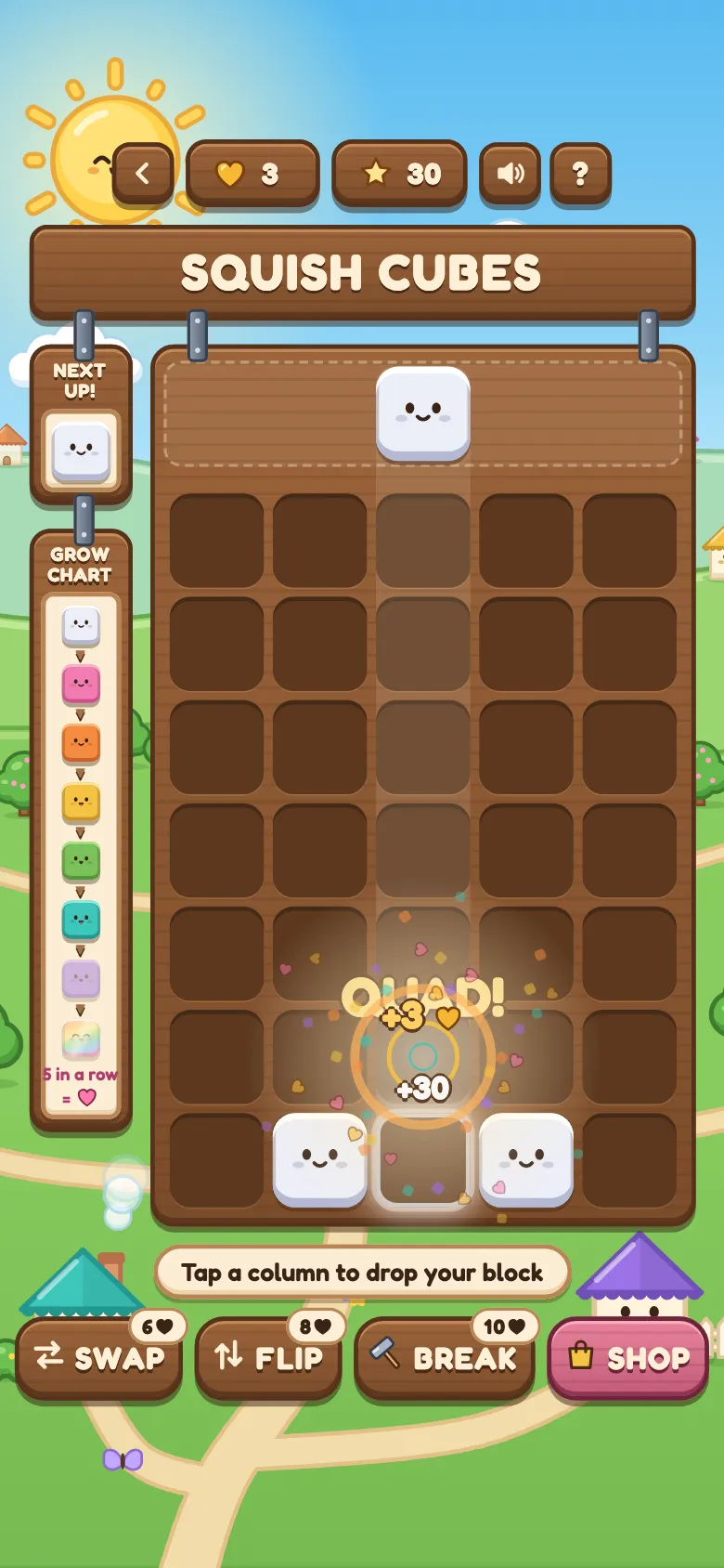 Four Cloudy blocks merging at once: QUAD! for 3 hearts and 30 points