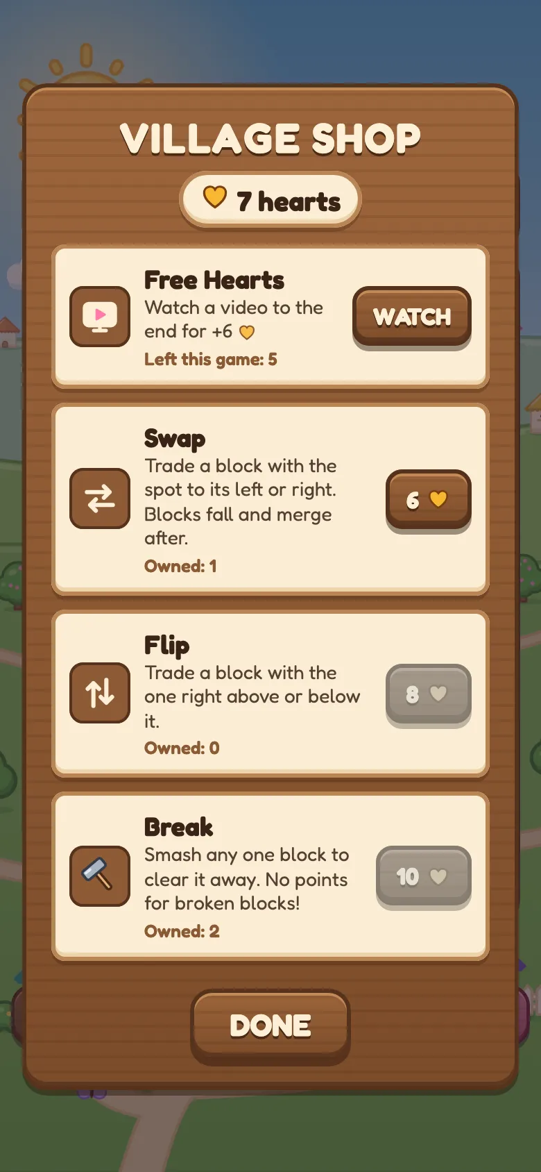 The Village Shop, where hearts buy the Swap, Flip and Break power-ups